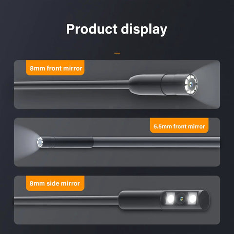 Workhorse Handheld Borescope Endoscope With 8mm Lens showing front and side mirrors for industrial pipe inspection