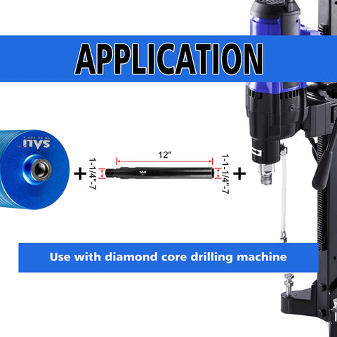 Rock Solid 12 Inch Extension Adapter For Diamond Core Drill Bits With 1 1 4 By 7 Thread Rig Ready Coupler next to a drilling machine.