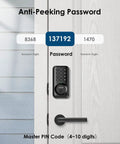 Keypad door lock with keyless entry electronic lock for home security programmable 20 access codes and a one time guest code auto lock smart lock on door showing password display.