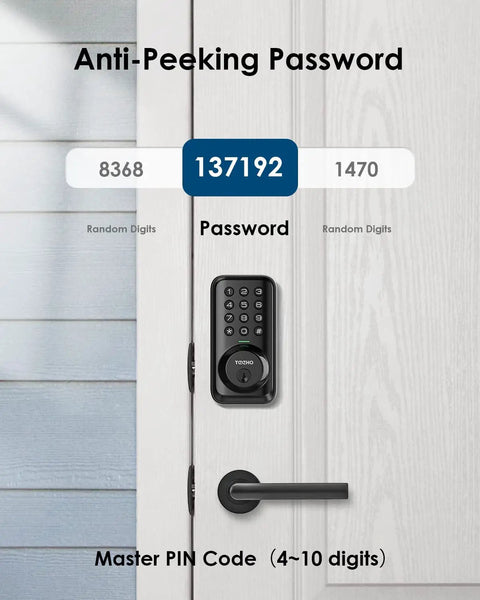 Keypad door lock with keyless entry electronic lock for home security programmable 20 access codes and a one time guest code auto lock smart lock on door showing password display.