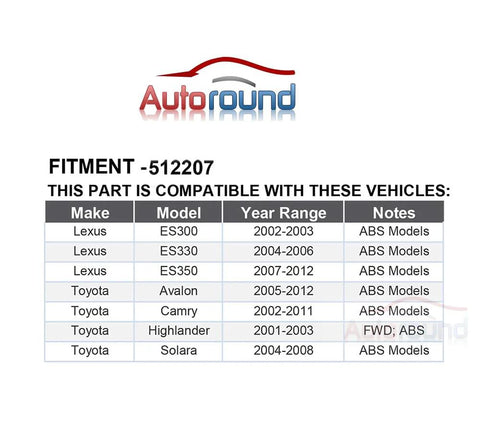 Compatibility chart for Rear Right Wheel Hub And Bearing Assembly 512207 with ABS for Toyota Camry Avalon Highlander Solara Lexus models