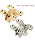 Four Pack Hidden Concealed Barrel Cross Door Hinges With Built In Bearing For Smooth Opening in gold and silver finish.