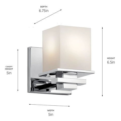 "Dope 6.5 Inch One Light Wall Sconce With Satin Etched Cased Opal Glass Shade And Chrome Finish Ideal For Hallways Bathrooms Powder Rooms And Modern Living Spaces, angular design"