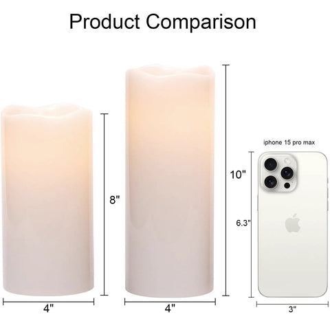 Waterproof Flameless LED Pillar Candles With Remote And Timer, Battery Operated Outdoor White Candles, size comparison with phone