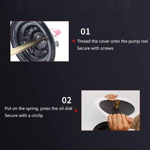 Heavy Duty Pneumatic Grease Gun Featuring 50 To 1 Pressure assembly process, showing pump rod and oil disk installation steps.