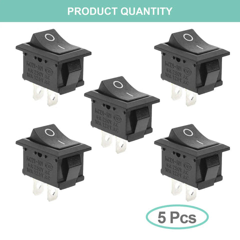 Five Pack On Off Boat Rocker Switches, 2 Pin 2 Position Snap In Marine Electrical Switches displayed in quantity of five.