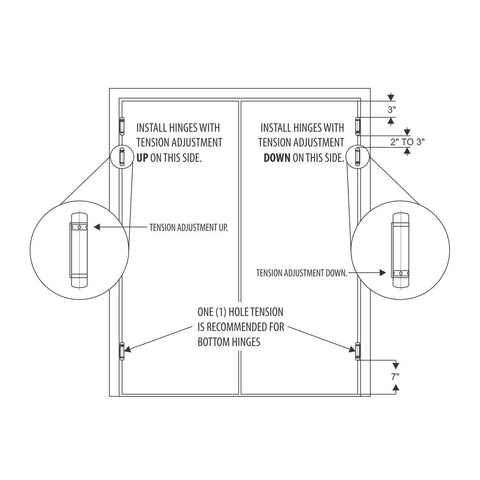 Installation diagram for Double Action Steel Spring Hinge Satin Chrome Value Pack for Doors with tension adjustments shown.