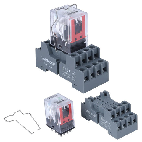 12V DC Relay Built Tough With Socket Base And LED Indicator, 14 Pin, 5 Amp, 4PDT 4NO 4NC with DIN Rail Ready design and components displayed.