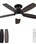 52 Inch Flush Mount Ceiling Fan With Remote And Dimmable Lights In Matte Black Five Reversible Blades In Amrilo Or Walnut Tri Color Temperatures 3000K 6000K Ideal For Indoor And Covered Outdoor Spaces Rustic Modern Look, showing fan, blades, remote.