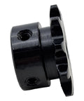 Side view of ANSI 35 Roller Chain Sprocket Type B With 6mm Bore And 10 Teeth For 3/8 Inch Pitch Drive Sprockets Hardened ANSI 1045 Steel Antirust Gear No Keyway Two Setscrews At 90 Degrees.