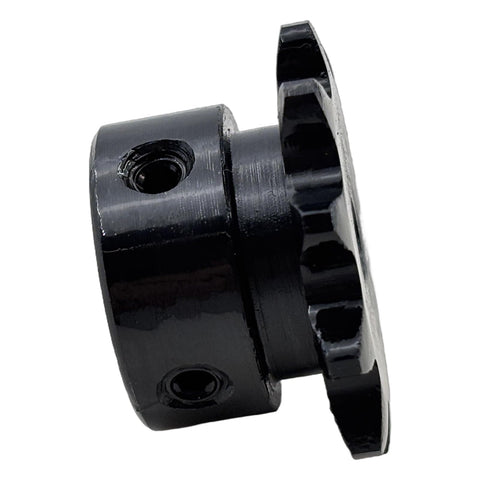 Side view of ANSI 35 Roller Chain Sprocket Type B With 6mm Bore And 10 Teeth For 3/8 Inch Pitch Drive Sprockets Hardened ANSI 1045 Steel Antirust Gear No Keyway Two Setscrews At 90 Degrees.