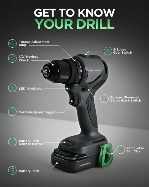20V Brushless Cordless Drill Driver With 2.0Ah Battery showing key features like keyless chuck and variable-speed trigger.