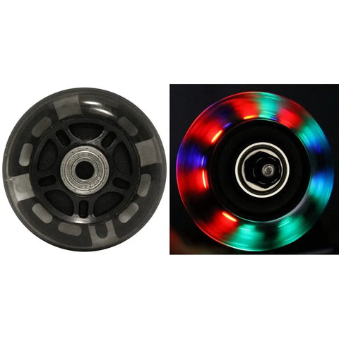 64mm LED Inline Luggage Wheels With Bearings Two Pack for Skate Ripstik style suitcases, showing lit and unlit views.