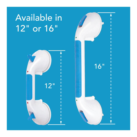 12-Inch Suction Shower Grab Bar With Ultra Grip Dual Locking Cups for strong stability shown in 12 and 16 inch sizes