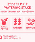 Super Handy Eight Inch Deep Root Watering Stakes Four Pack In Tan For Garden Flowers Fruits Veggies And Potted Plants Uv Protected Plastic Irrigation Spikes Deliver Water Nutrients Straight To Roots Saving Tons Of H2O - 8 inch watering stake diagram showing uses in small potted plants, garden, and flowers.