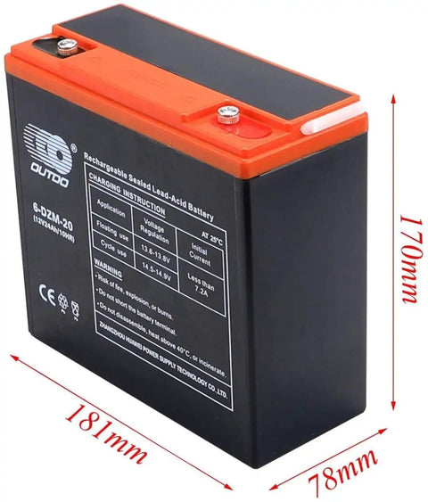 Rechargeable sealed lead-acid battery dimensions 181x78x170mm with charging instructions on side.