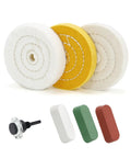 4 Inch Buffing Wheel Set With Quarter Inch Shank And Half Inch Arbor Soft 30 Ply Fine 50 Ply Medium 38 Ply Includes 7.4 Oz Buffing Polishing Compounds 3 Wheels Fits Most Drills DIYers Pro Grade Polishing Kit showing three buffing wheels and polishing compounds.