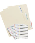 Foolproof Easy Peel File Folder Labels On 4X6 Sheets, Assorted Color Coded Tabs For Smart Office Organization, Print Or Handwrite, 252 Count Bulk Pack To Keep Paperwork Neat And Sort Files Swift, with beige folders and colorful labels.