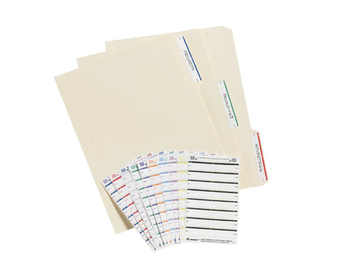 Foolproof Easy Peel File Folder Labels On 4X6 Sheets, Assorted Color Coded Tabs For Smart Office Organization, Print Or Handwrite, 252 Count Bulk Pack To Keep Paperwork Neat And Sort Files Swift, with beige folders and colorful labels.