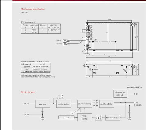 Mechanical specification diagram for Top Shelf 120W Ups Switching Power Supply 24V Lithium Battery Charger 27.6V Output.