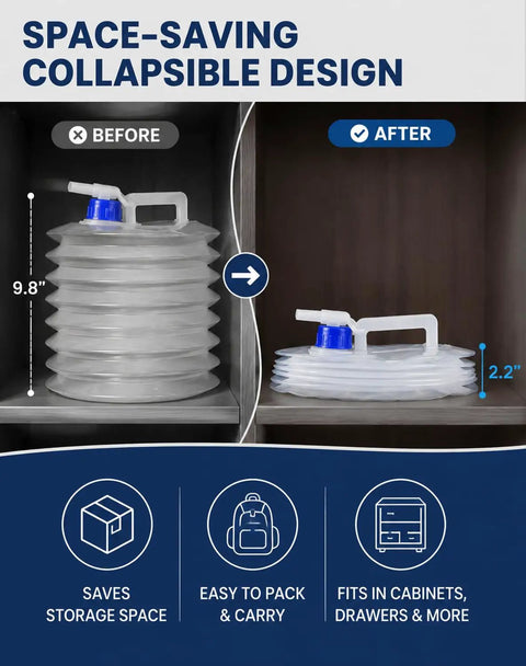 Foldable Water Container With Spigot And Gloves 3L For Camping And Travel showing space-saving design in cabinet