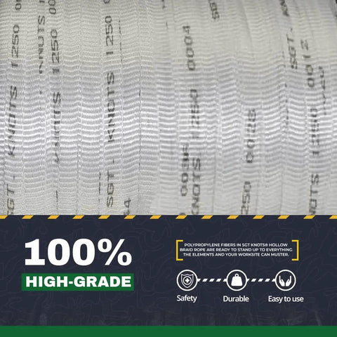 Close-up view of white Heavy Duty Polyester Pull Tape with black text markings, used for cable, fiber optics, and conduit installations.