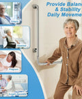 Heavy Duty Stainless Steel Shower Grab Bar For Seniors And Handicap Bathrooms, woman using 24x36 L-shaped wall mount hand rail