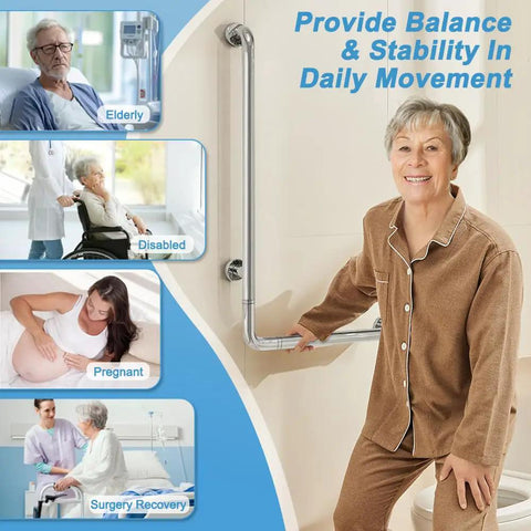 Heavy Duty Stainless Steel Shower Grab Bar For Seniors And Handicap Bathrooms, woman using 24x36 L-shaped wall mount hand rail
