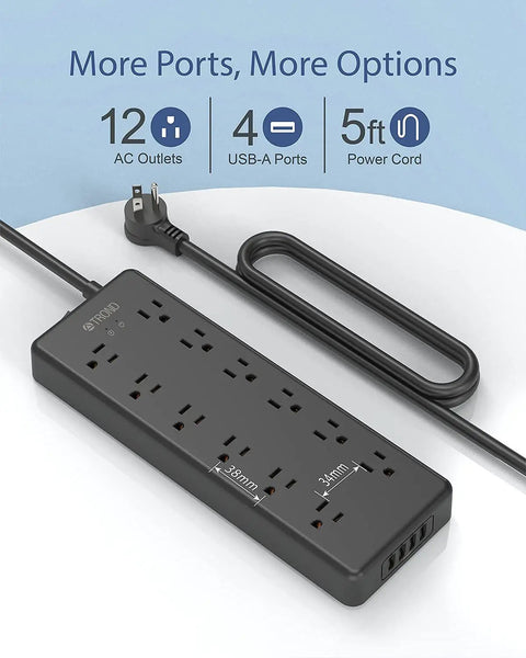Power Strip Surge Protector With 12 Widely Spaced AC Outlets And 4 USB Ports 5ft Heavy Duty Mountable Extension Cord 4000J Surge Protection ETL Listed Perfect For Home Office Garage And Workshop Black shown with flat plug and coiled cord