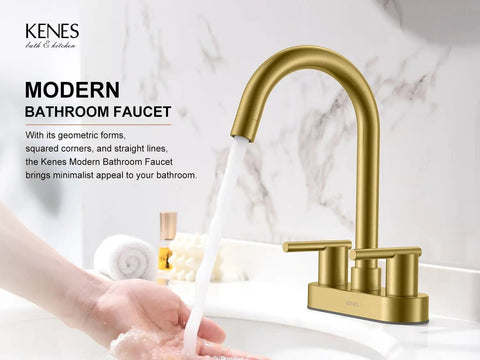 Brushed Gold Centerset Bathroom Faucet 4 Inch 2 Handle 3 Hole Sink Faucet With Pop Up Drain And Two Water Supply Lines