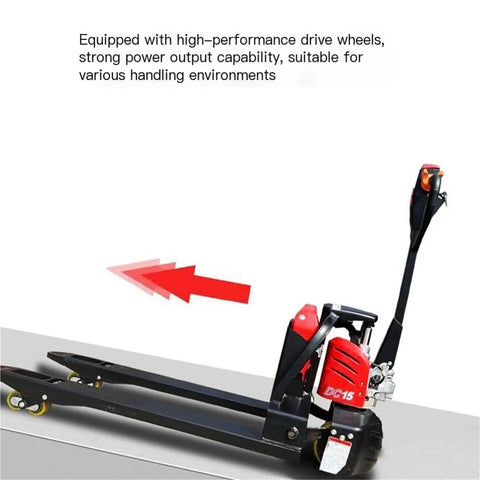 Heavy Duty Electric Pallet Jack Truck With Lithium Battery For Indoor Moves showing drive wheels and compact design for easy maneuverability.