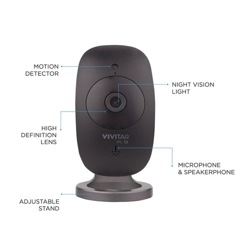 Front view of 1080P HD Wi-Fi Security Cam with Wide Angle View, Motion Detection, Night Vision, and Two-Way Audio features labeled.