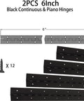 Two black 6-inch piano hinges with pre-drilled holes; includes 12 screws, 2-inch open width.