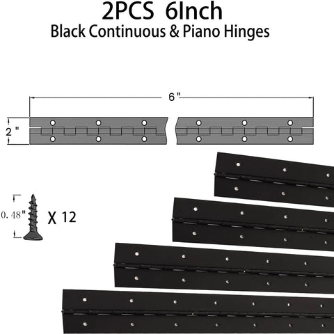 Two black 6-inch piano hinges with pre-drilled holes; includes 12 screws, 2-inch open width.