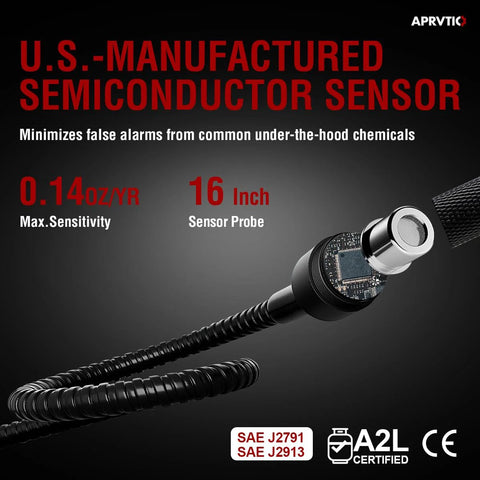 HVAC refrigerant leak detector with 16-inch sensor probe and coiled cable; brand logo visible