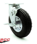 Heavy Duty Replacement Caster For Uline H-3328BL-SWB 8 Inch Pneumatic Wheel Swivel Top Plate close-up view with lock brake and tire pattern.