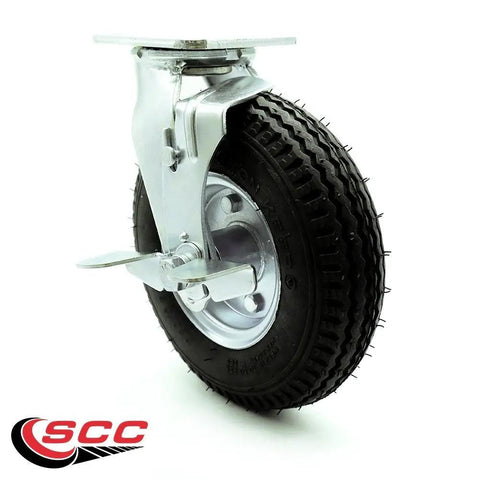 Heavy Duty Replacement Caster For Uline H-3328BL-SWB 8 Inch Pneumatic Wheel Swivel Top Plate close-up view with lock brake and tire pattern.