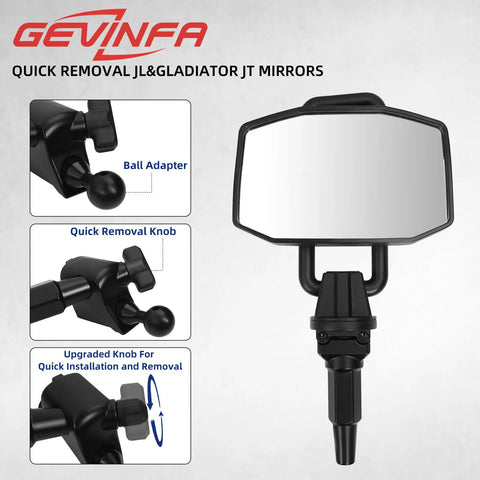 Door Off Mirror Upgrade For Jeep Wrangler JL JLU And Gladiator JT 2018-2023 with Quick Removal Knob and Adjustable Angles