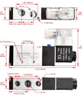 Beefy Electrical Pneumatic Solenoid Valve 5 Way 2 Position Internally Piloted 24VDC 4.8W Port Size Quarter Inch dimensions
