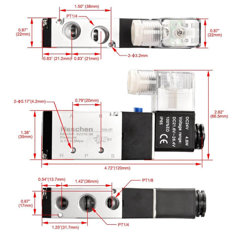 Beefy Electrical Pneumatic Solenoid Valve 5 Way 2 Position Internally Piloted 24VDC 4.8W Port Size Quarter Inch dimensions