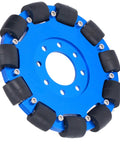 Blue 5in omnidirectional robot wheel with aluminium alloy hub and silicone rollers; front view