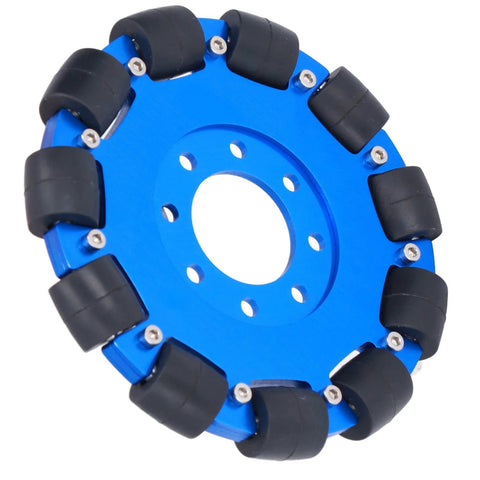 5 inch omnidirectional wheel for robots with aluminum hub and silicone rollers, ideal for smooth turns and precise lateral movement.