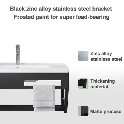 Black zinc alloy stainless steel bracket for wall mounted bathroom sink, sturdy design, suitable for corner vanity use.