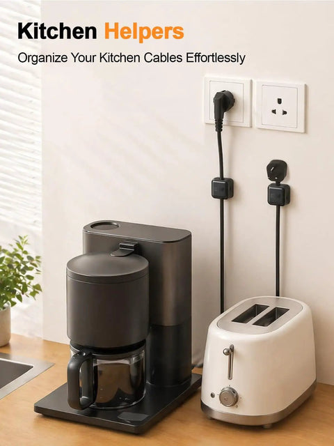 Coffee maker and toaster with cables managed by 8 Pack Cord Organizer Holders With Strong Adhesive Magnetic Cable Management For Desk Home Office And Car Neatly Tidy Phone Chargers USB Cables HDMI Type C Lightning Wires
