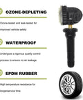 4 Pack Tire Valve Stems 20008 Rubber Snap In Tubeless Airtight Fit 0.453 Inch Rim Holes Replacement For Car Truck Motorcycle TPMS Sensor Ready Durable Copper Rubber Construction Corrosion Resistant with details on ozone depletion, waterproof, and EPDM rubber features.