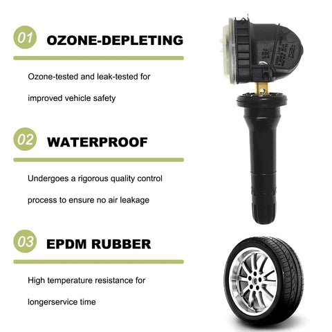 4 Pack Tire Valve Stems 20008 Rubber Snap In Tubeless Airtight Fit 0.453 Inch Rim Holes Replacement For Car Truck Motorcycle TPMS Sensor Ready Durable Copper Rubber Construction Corrosion Resistant with details on ozone depletion, waterproof, and EPDM rubber features.