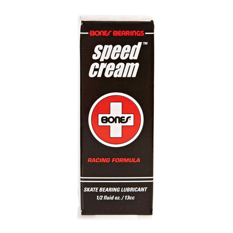 Packaging of Speed Cream Skateboard Bearing Lube For High Temp Low Viscosity Synthetic Formula That Keeps Bearings Fast And Lasts Longer One Half Ounce Bottle With Lifetime Warranty