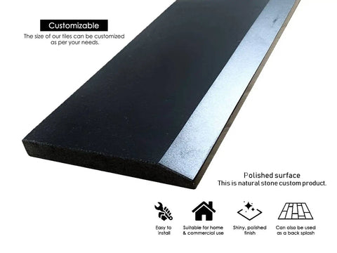 Hollywood Beveled Absolute Black Granite Doorway Threshold Tile With Marble Saddle Polished Finish Maintenance Free And Stain Resistant 6 By 36 Inches Easy Install For Commercial Or Residential Doorways Durable Natural Stone close-up of beveled edge and polished surface