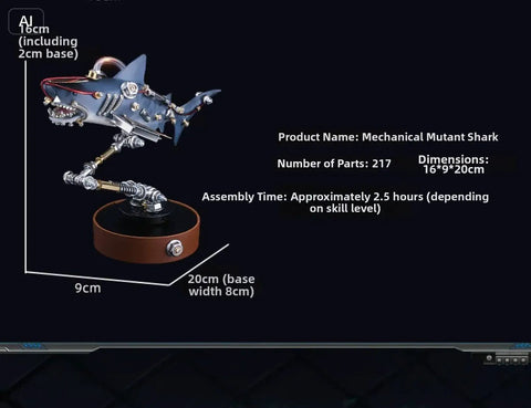 Steampunk Mutant Shark Metal Model Kit With 217 Pieces 3D DIY Puzzle Built in Brass Copper Alloy on display stand