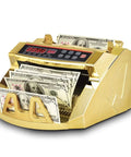 Gold money counter with counterfeit detection and fast bill counting, light up display, works with US dollar and larger denominations